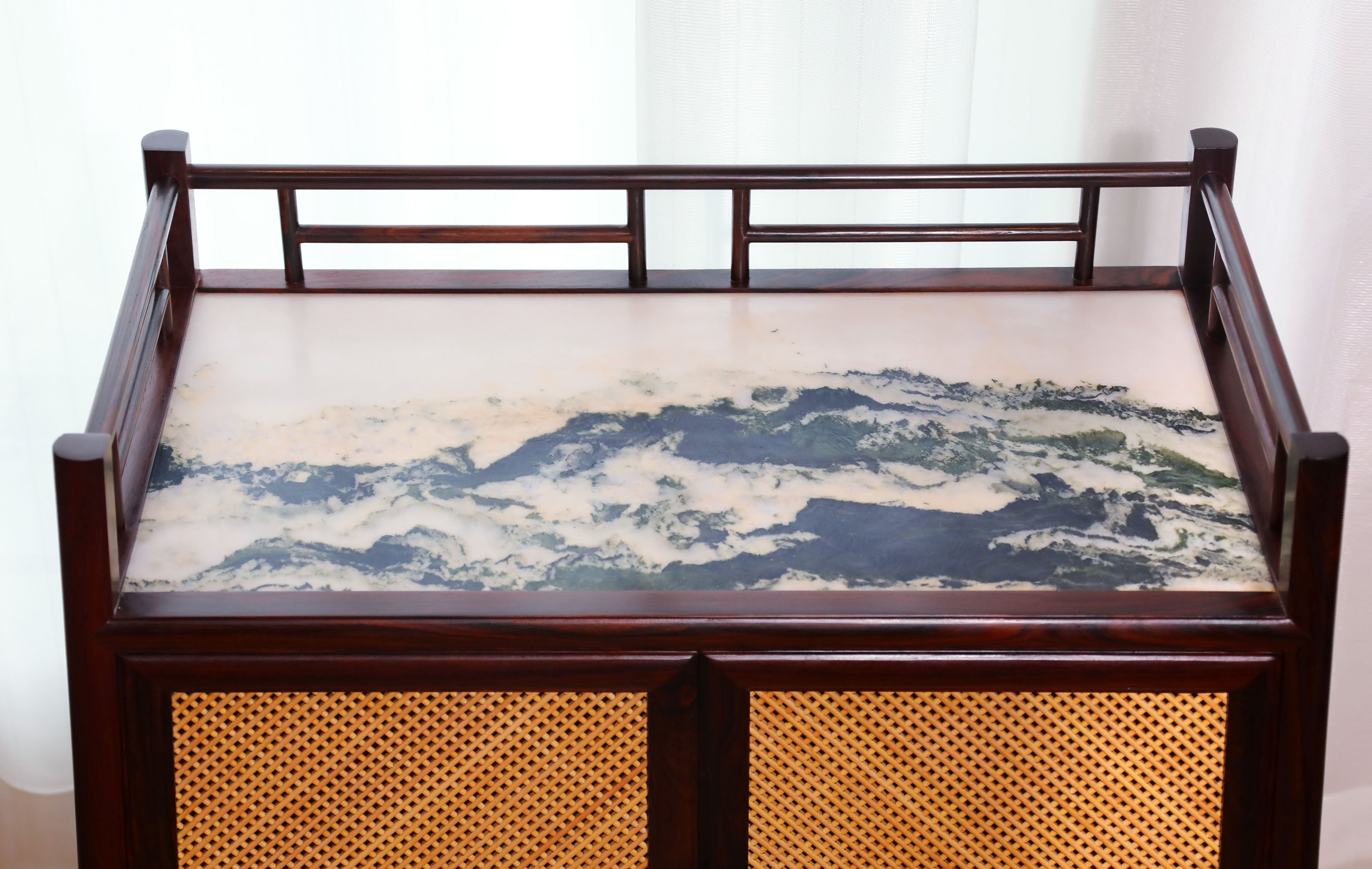 Rosewood inlaid with boxwood and marble bamboo tea cabinet