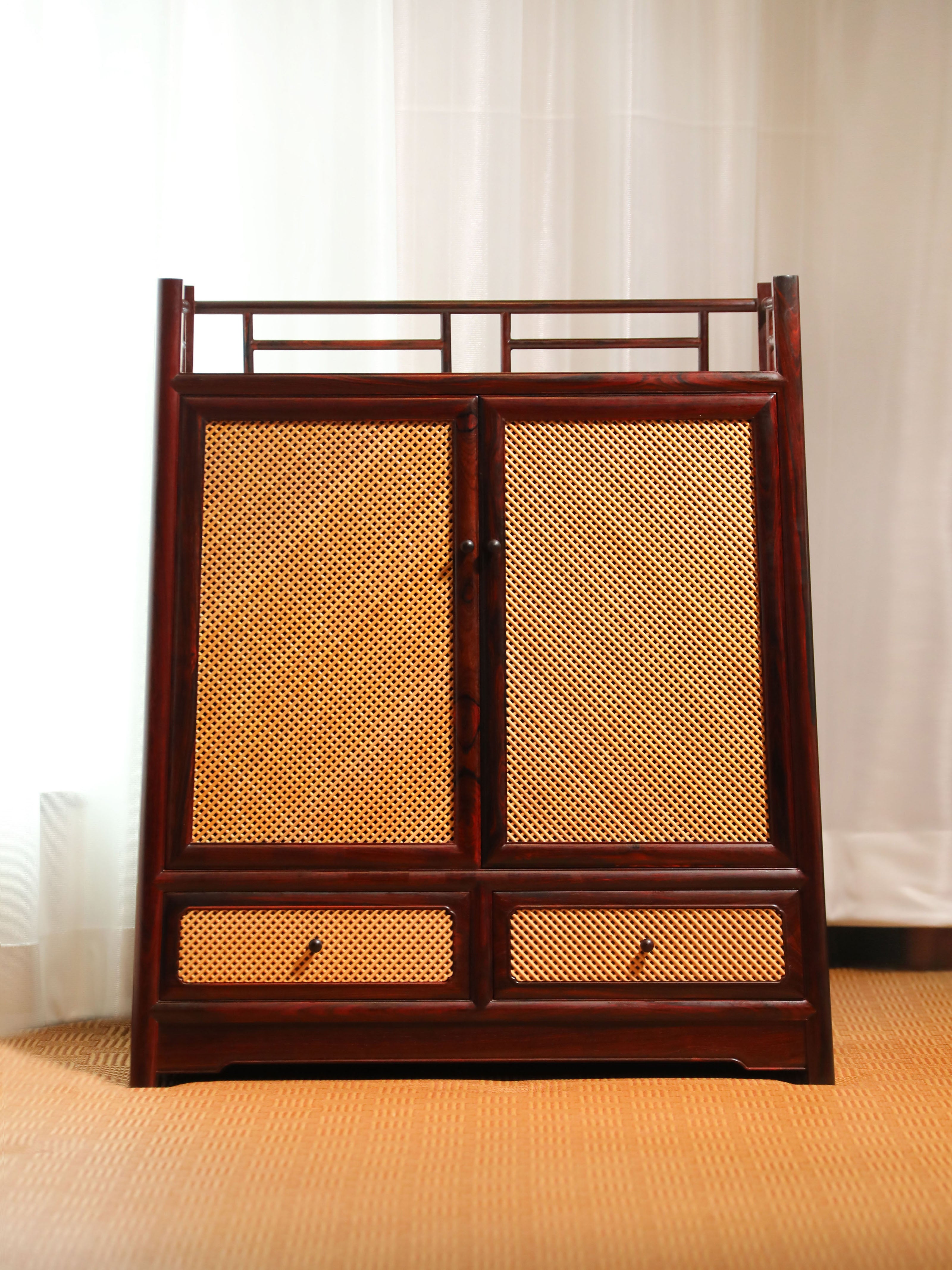 Rosewood inlaid with boxwood and marble bamboo tea cabinet