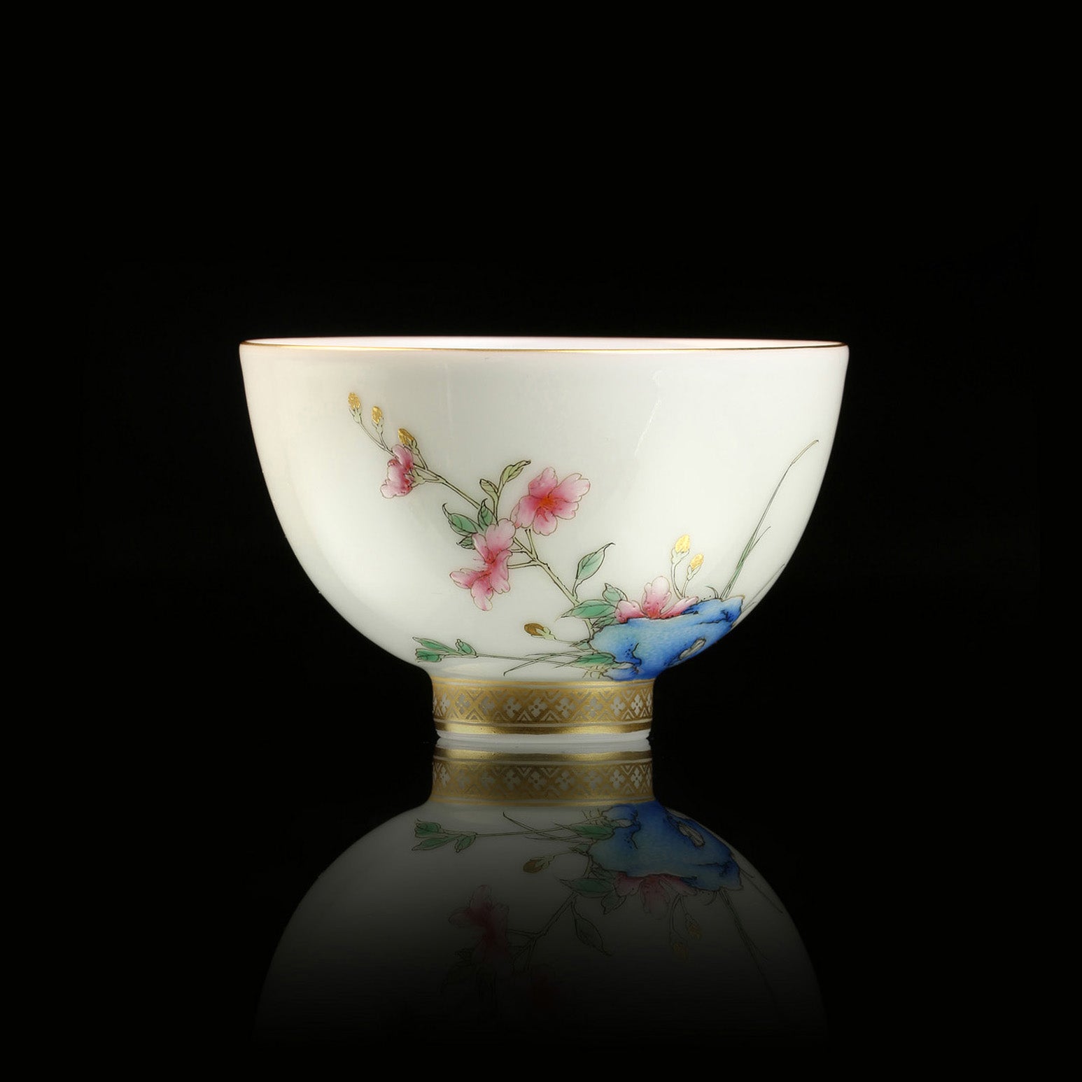 Enameled Begonia Lidded Bowl/Tea Cup