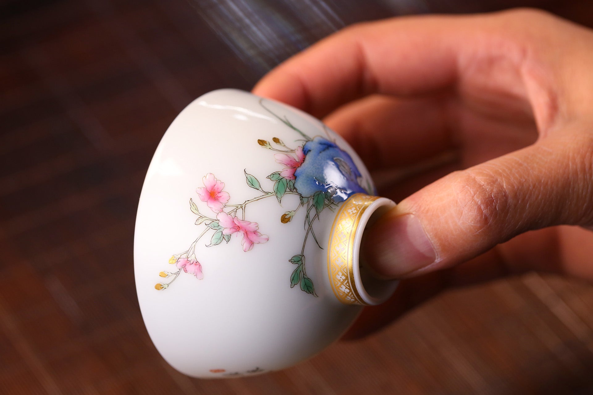 Enameled Begonia Lidded Bowl/Tea Cup