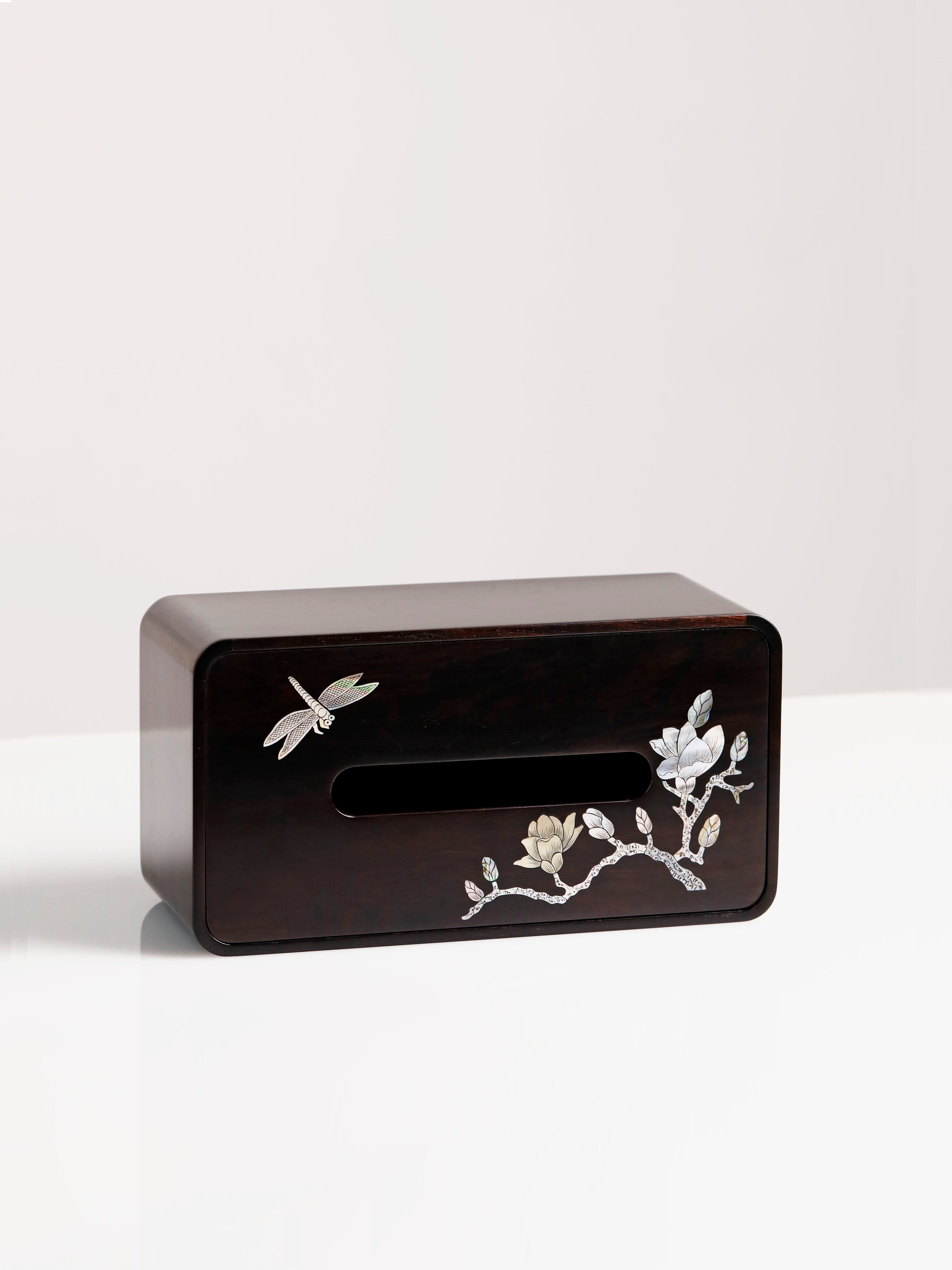 Purple sandalwood mother-of-pearl inlaid magnolia and wealth-themed tissue box