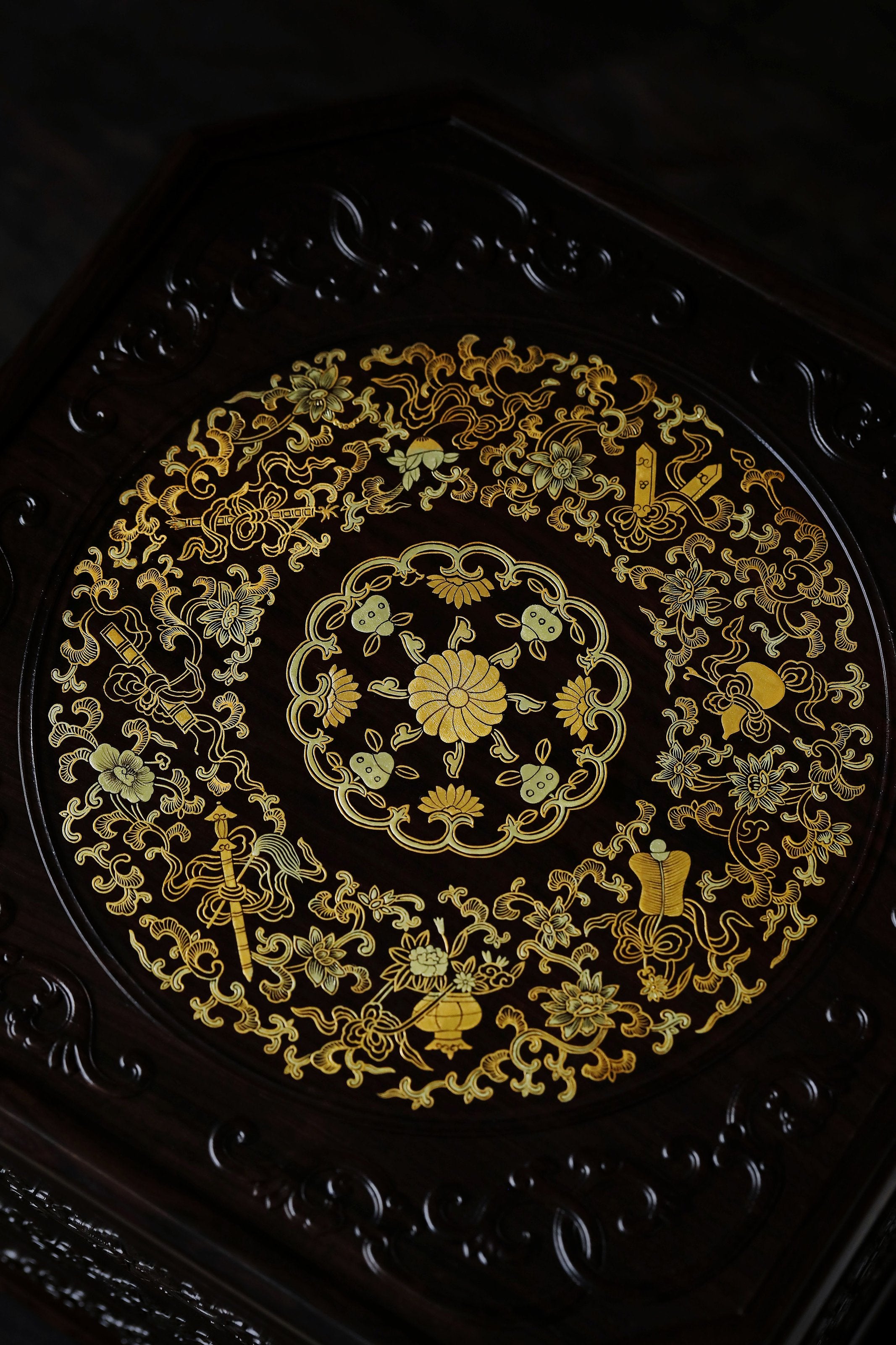 Purple sandalwood gilded auspicious eight treasures three-tiered octagonal tea box