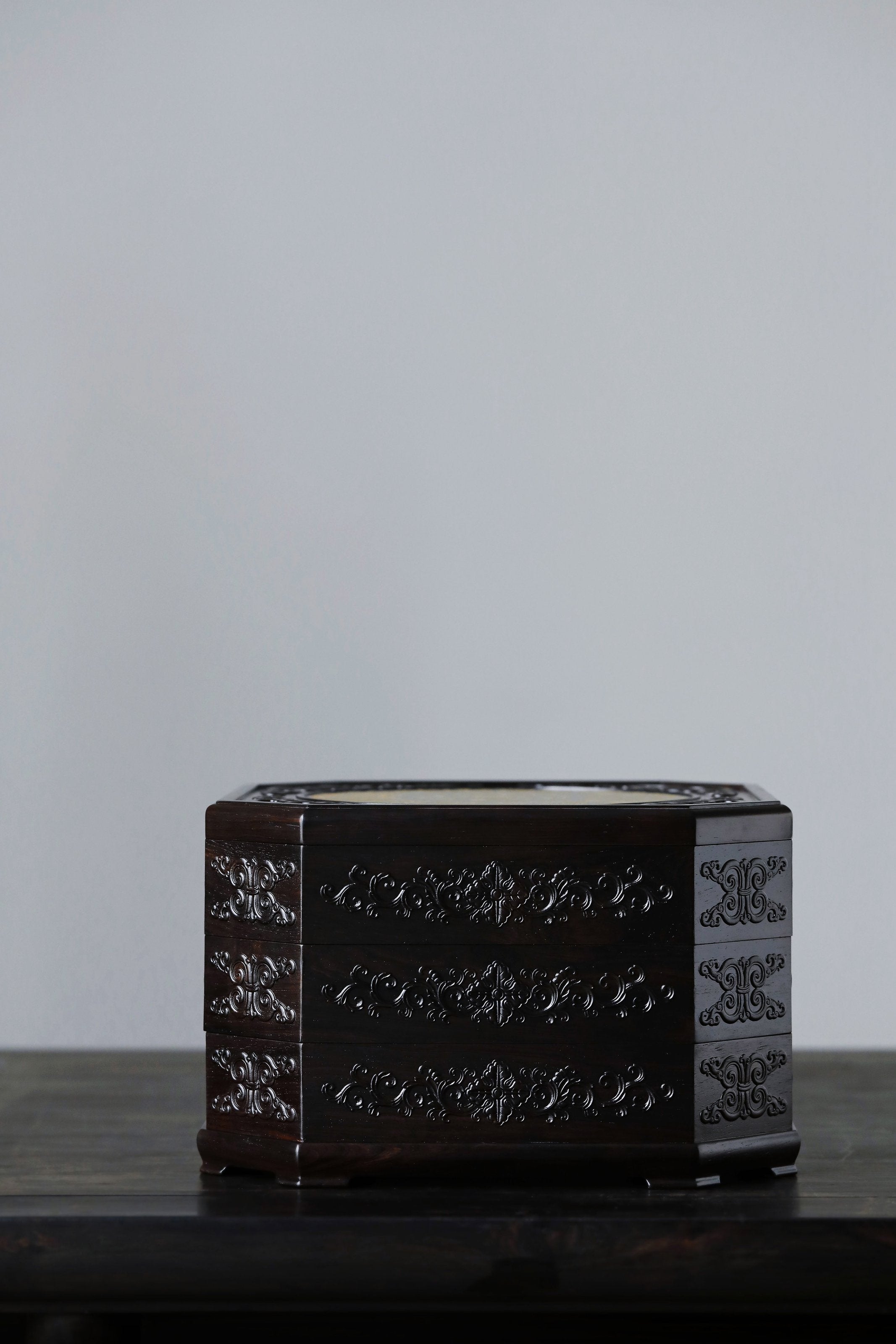 Purple sandalwood gilded auspicious eight treasures three-tiered octagonal tea box