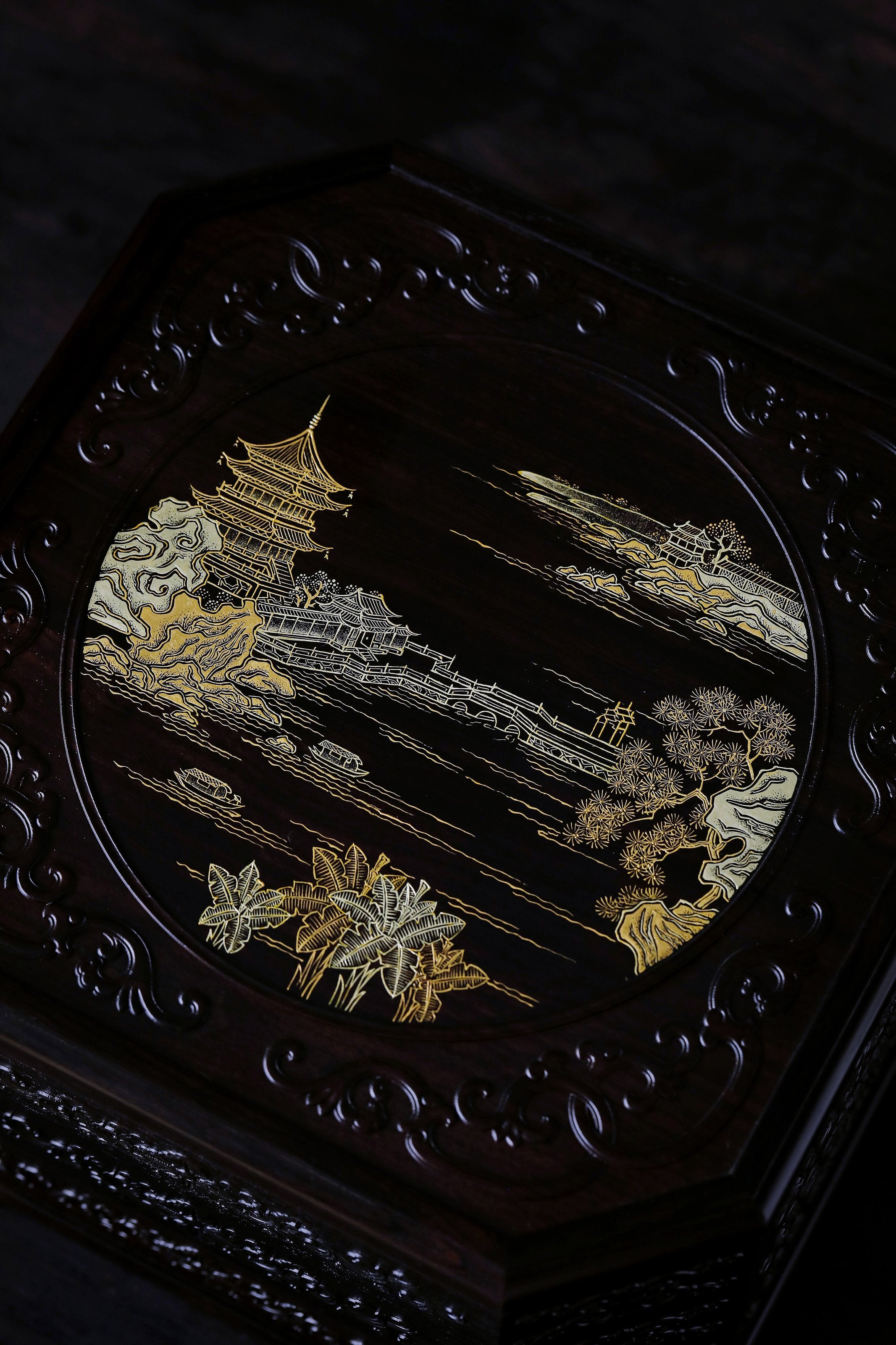 Purple sandalwood gilded fairy pavilion pattern three-tiered octagonal tea box