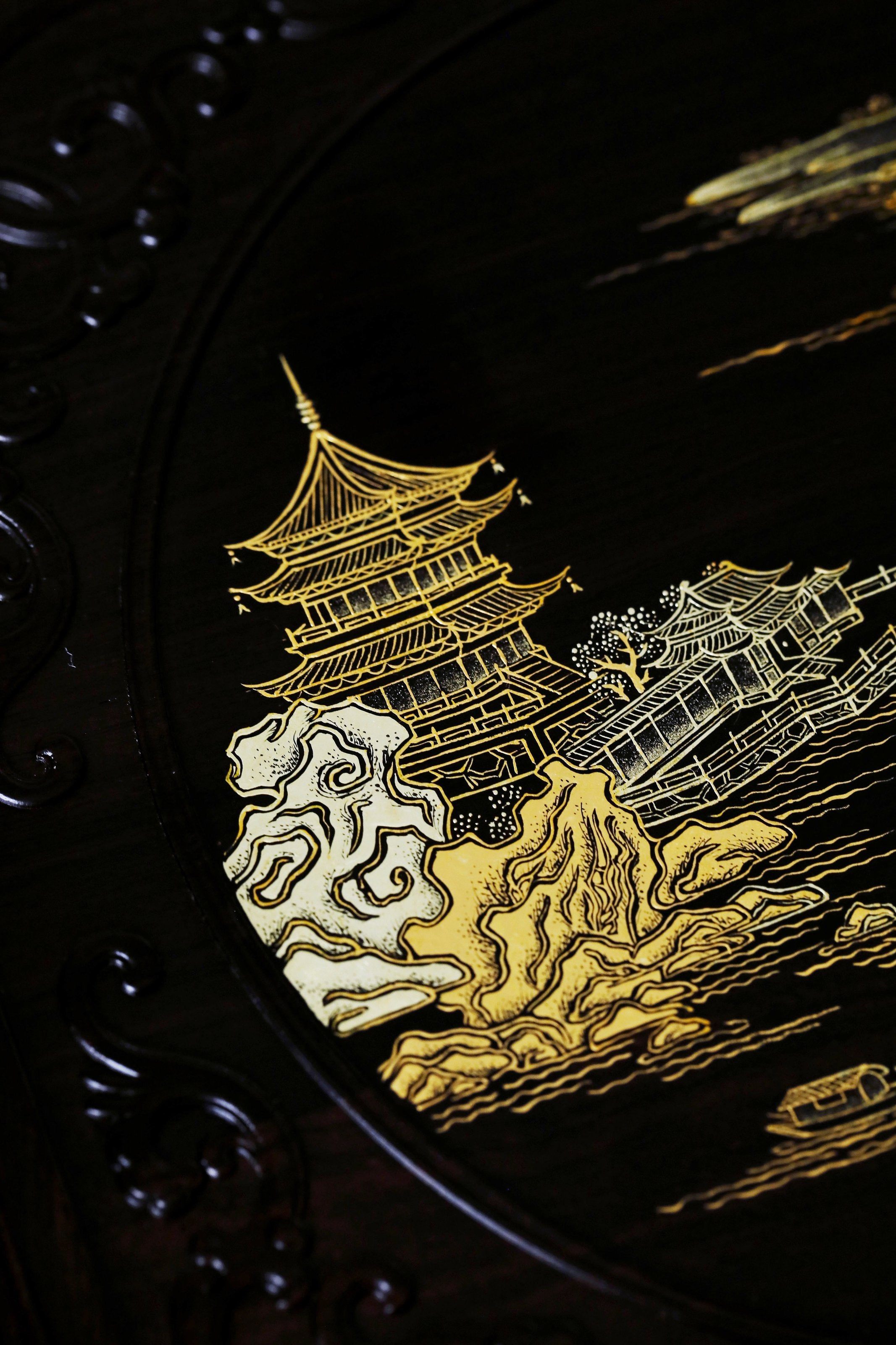 Purple sandalwood gilded fairy pavilion pattern three-tiered octagonal tea box