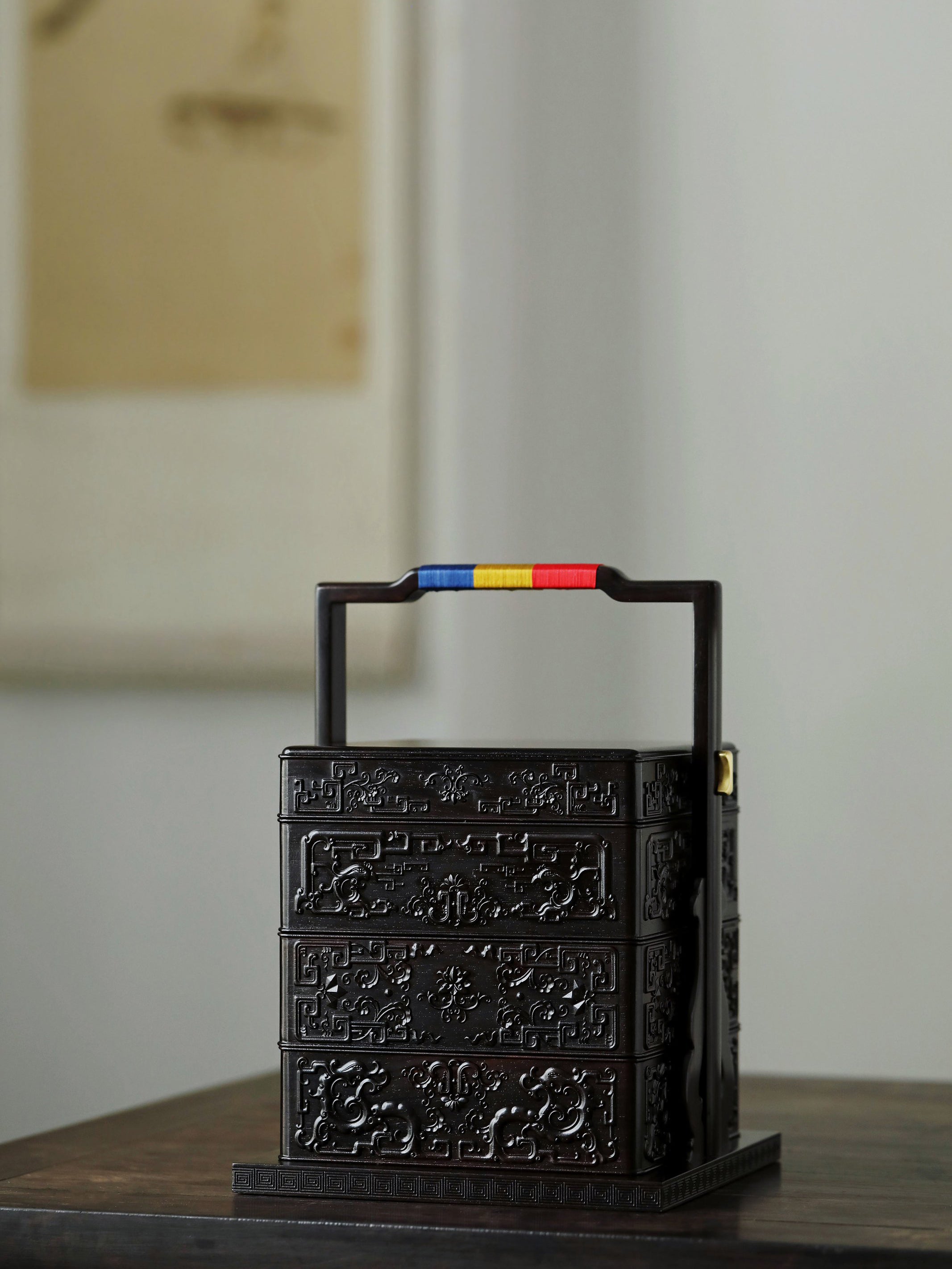 Purple sandalwood carved square box with kui dragon and phoenix patterns