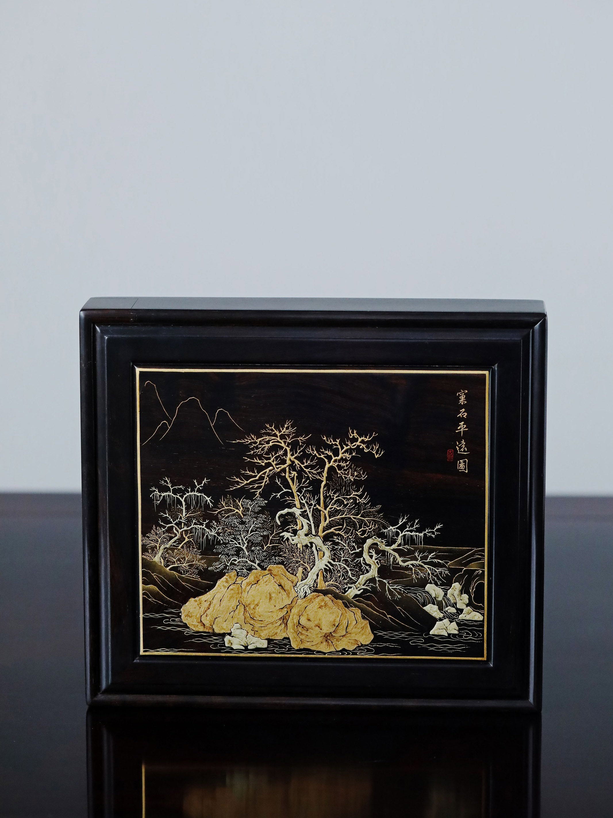 Purple sandalwood fairy pavilion picture/rocky distant view picture gilded pull-out tea box
