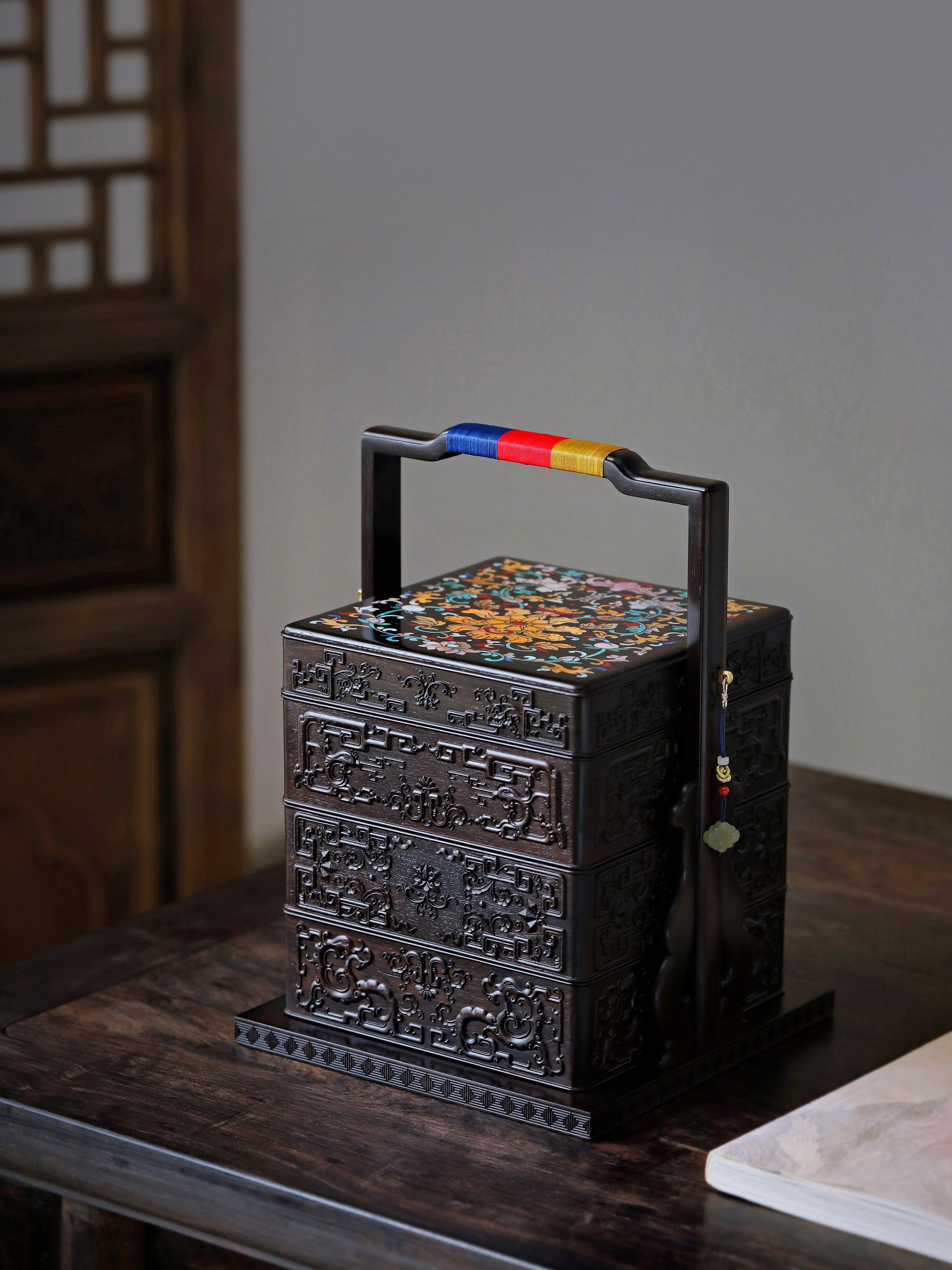 Purple sandalwood inlaid mother-of-pearl square carrying box with auspicious motifs of longevity and good fortune