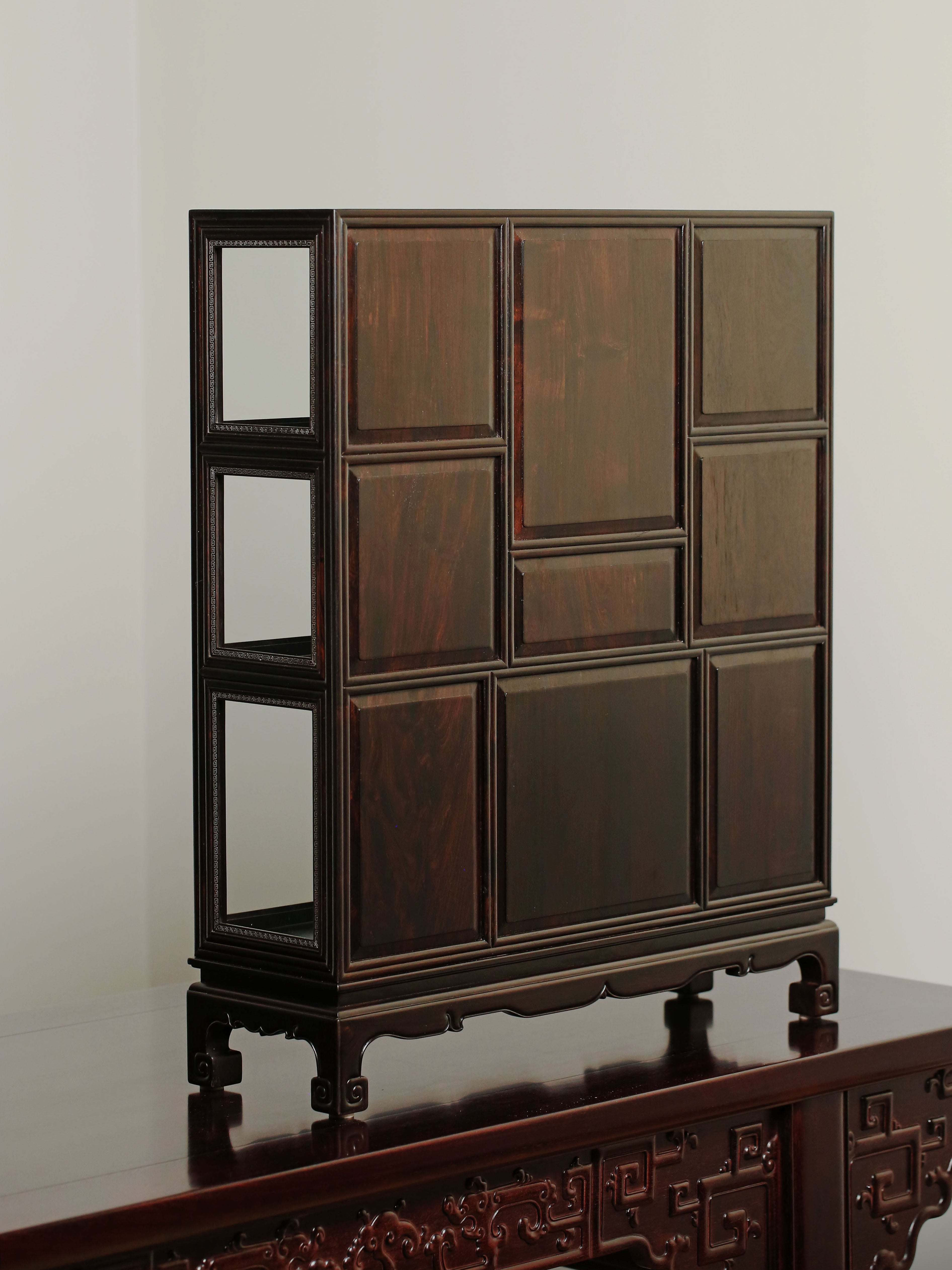 Purple sandalwood inlaid with silver wire fretwork multi-treasure cabinet