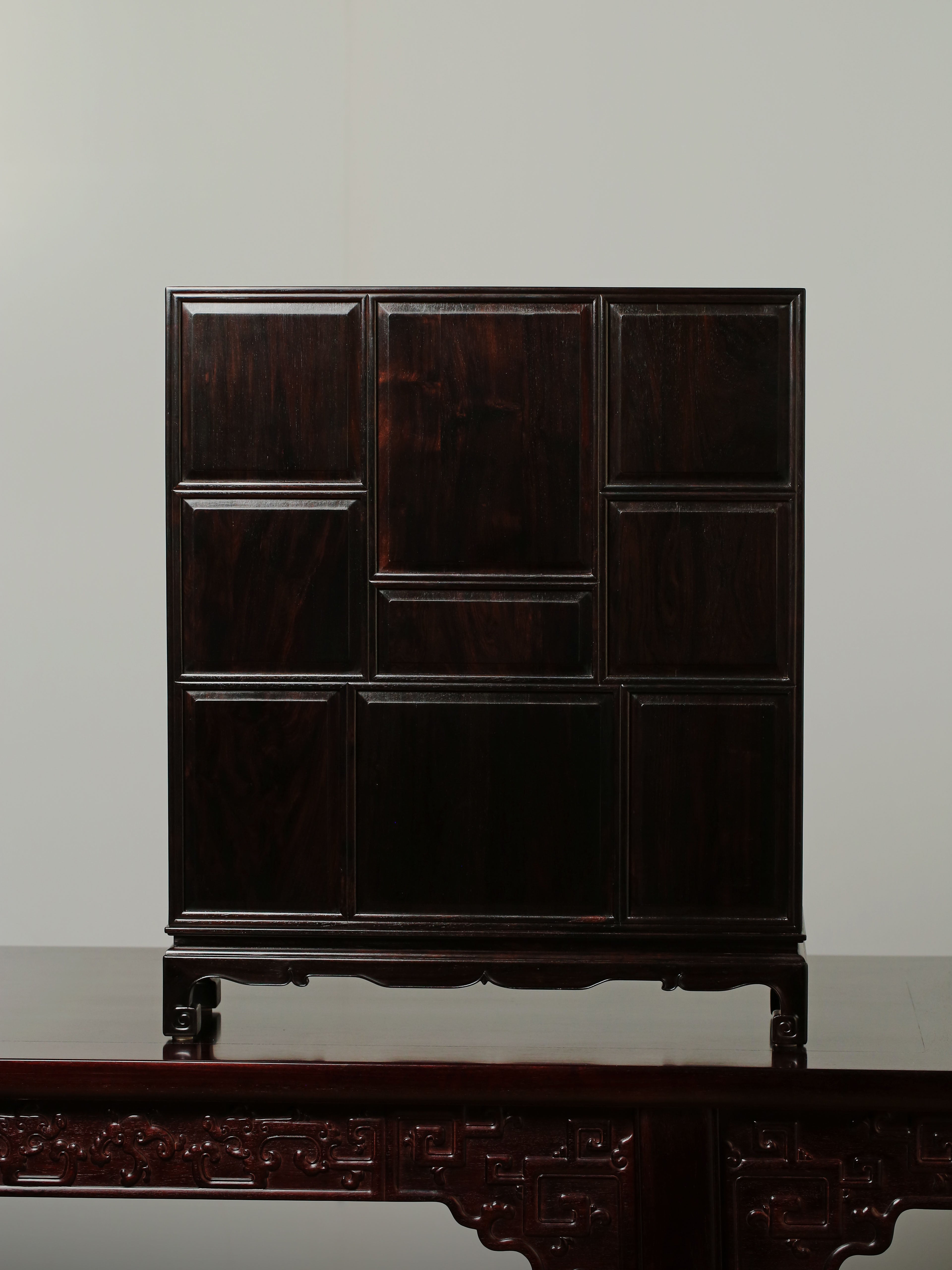 Purple sandalwood inlaid with silver wire fretwork multi-treasure cabinet