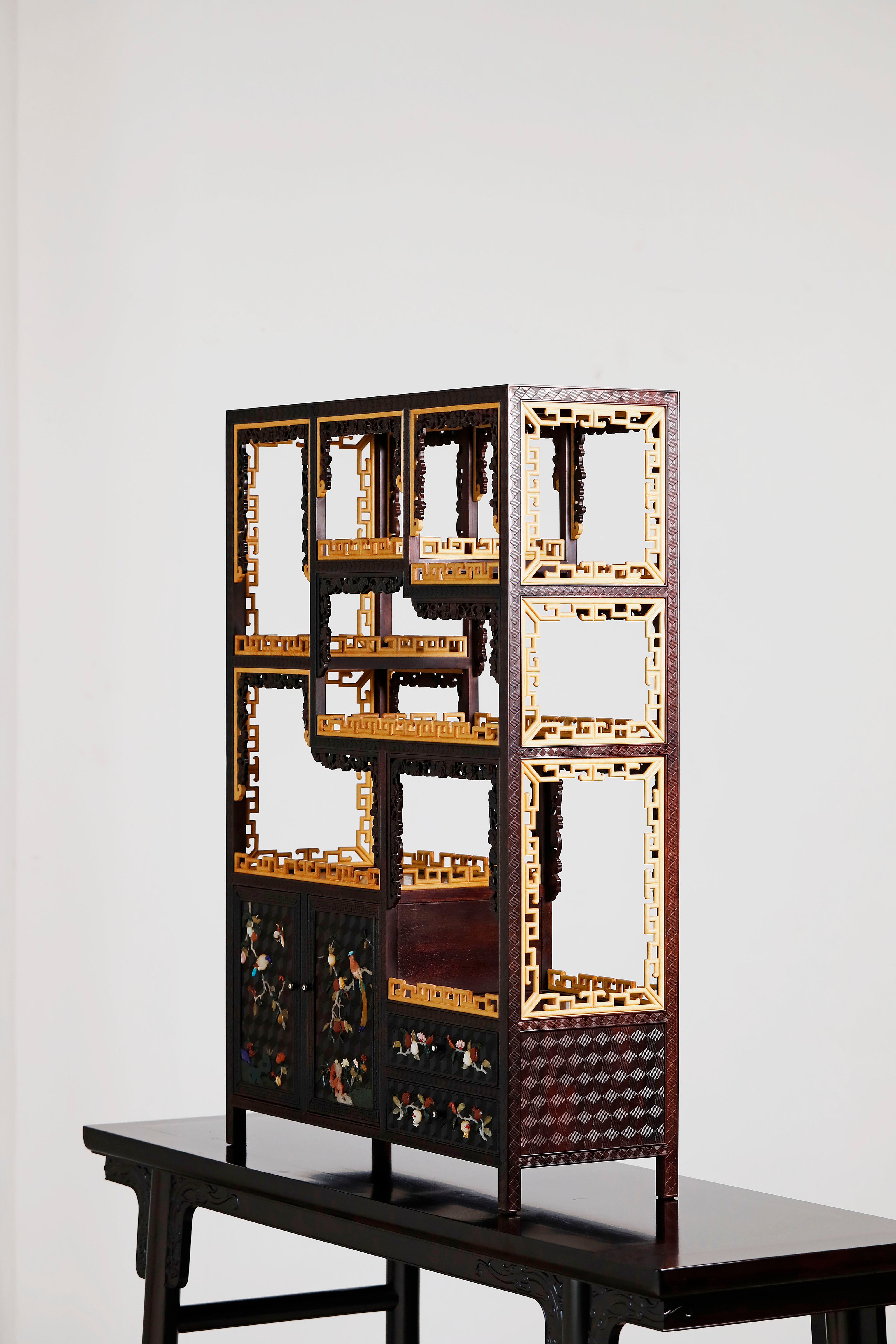 Small-leaf sandalwood inlaid table with antique display shelf