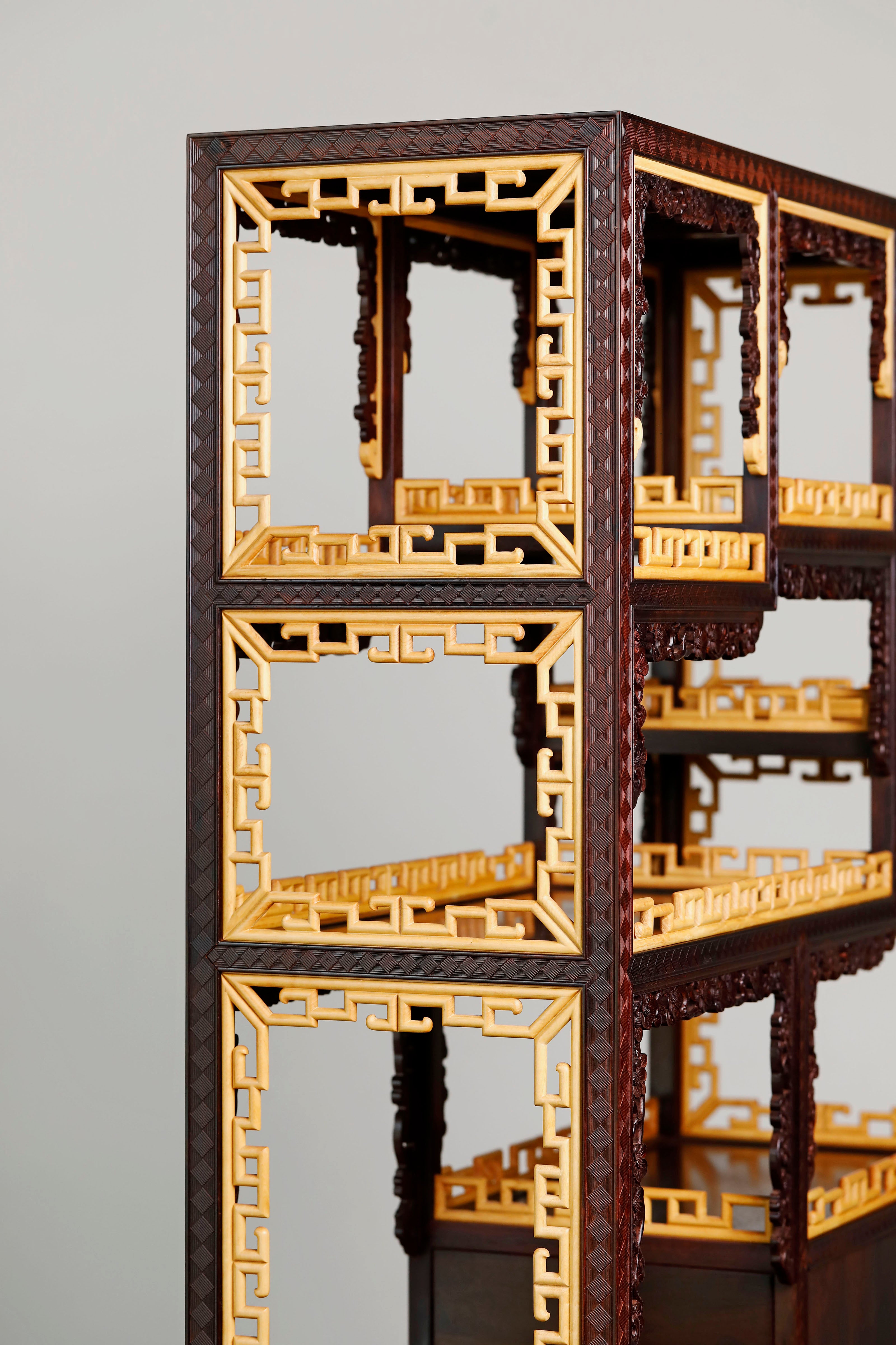 Small-leaf sandalwood inlaid table with antique display shelf