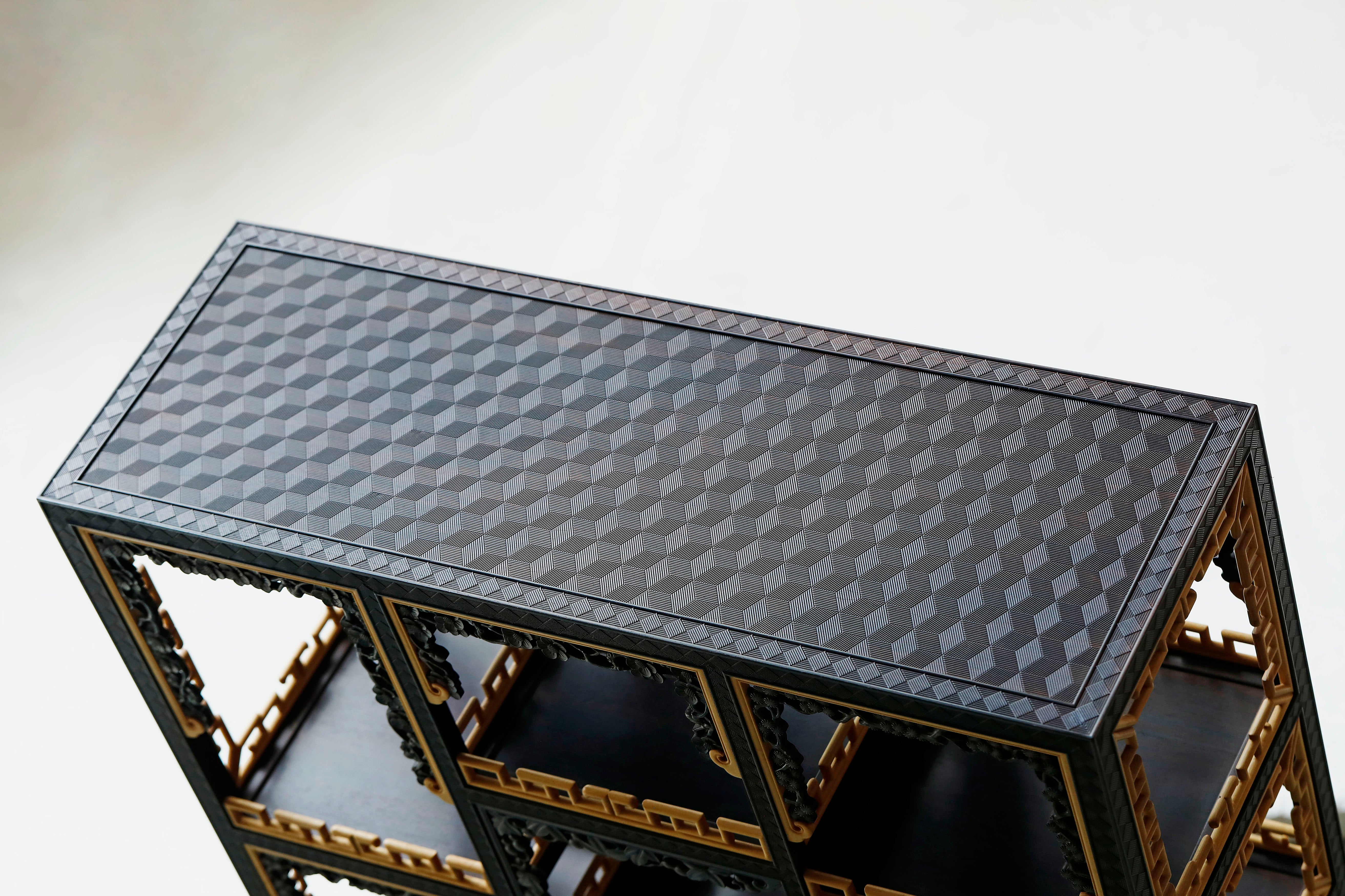 Small-leaf sandalwood inlaid table with antique display shelf