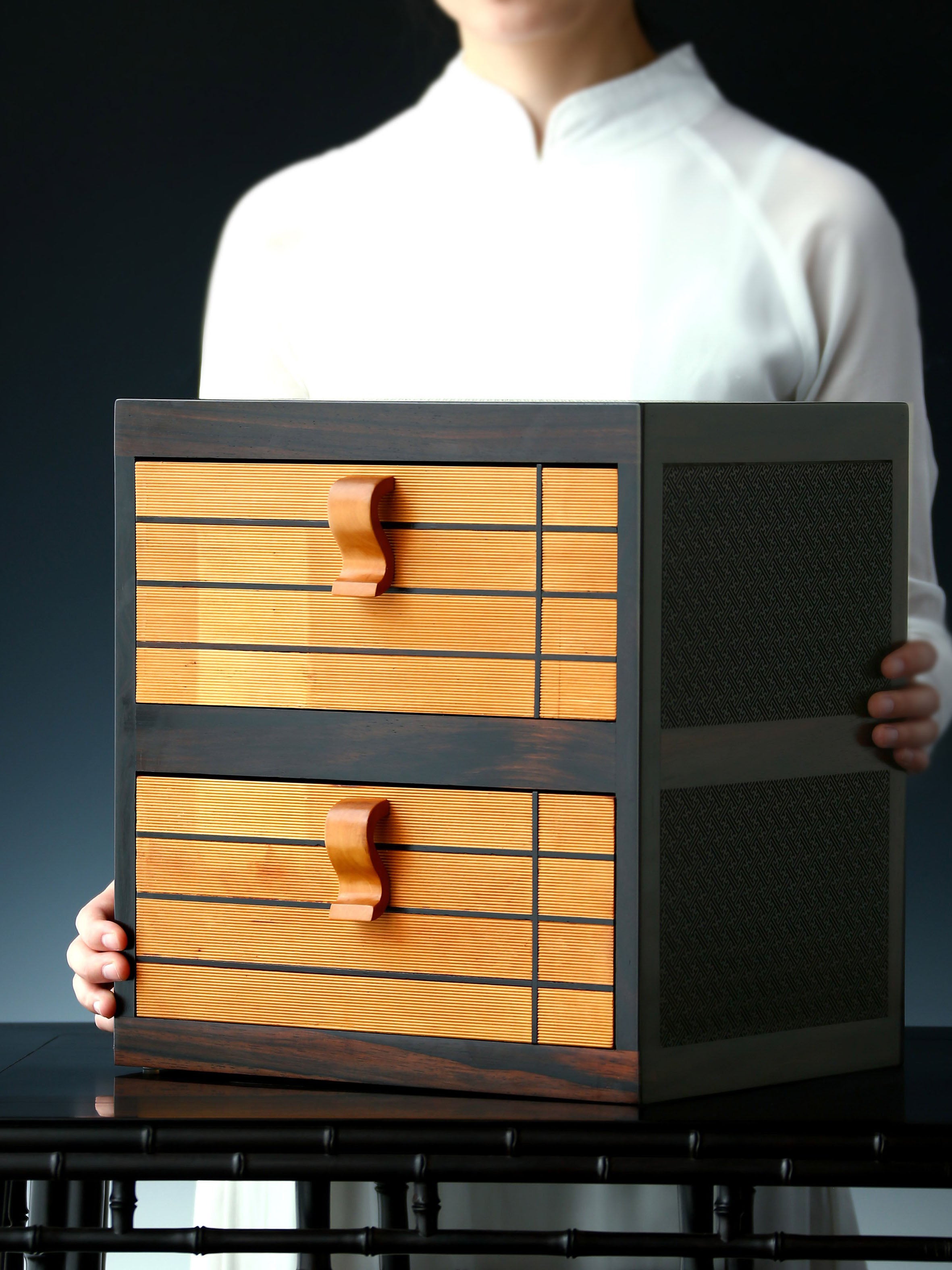 Double-layered book-shaped tea box inlaid with boxwood and rosewood