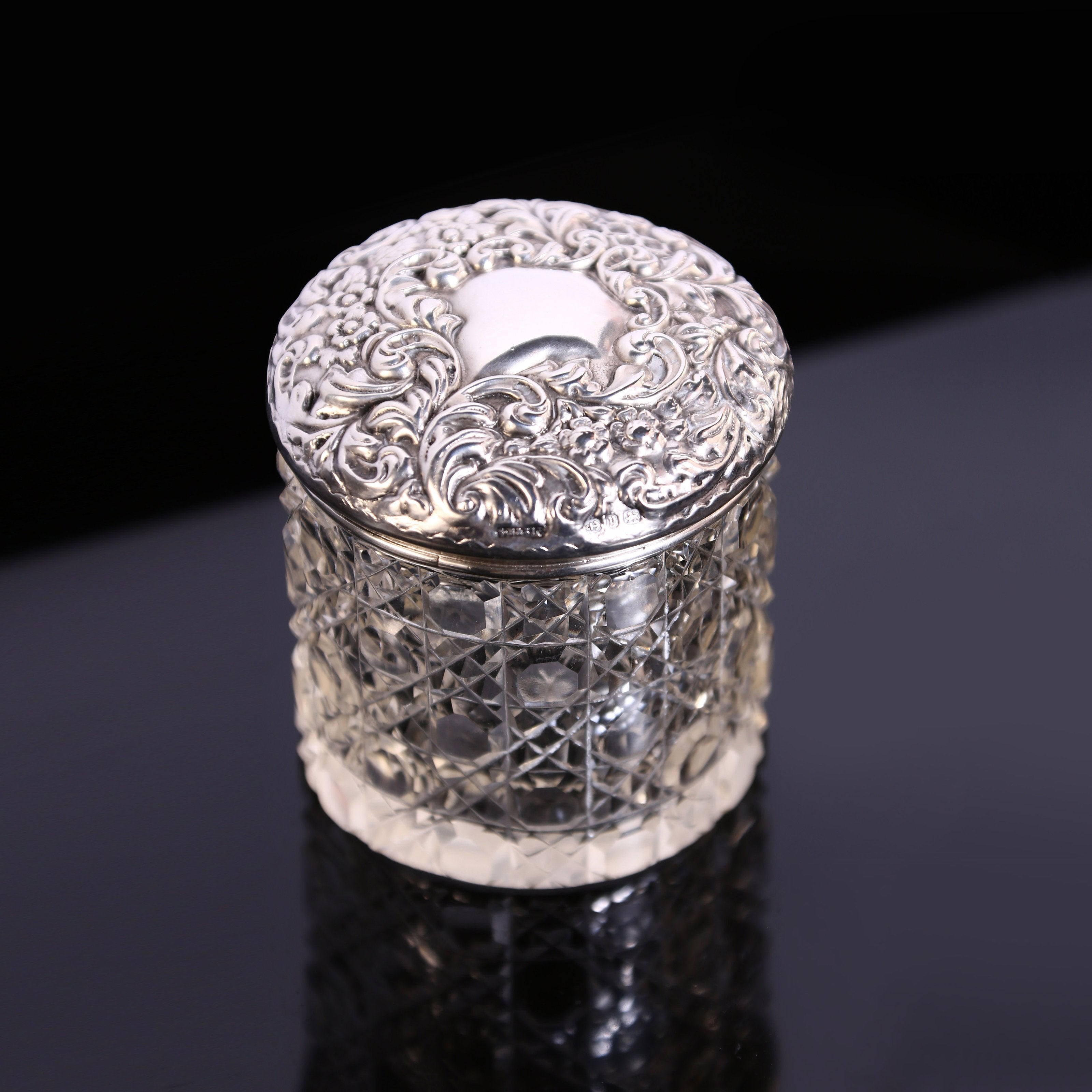 Lion Silver Label Sterling Silver Lid Cut Crystal Old English Tea Canister